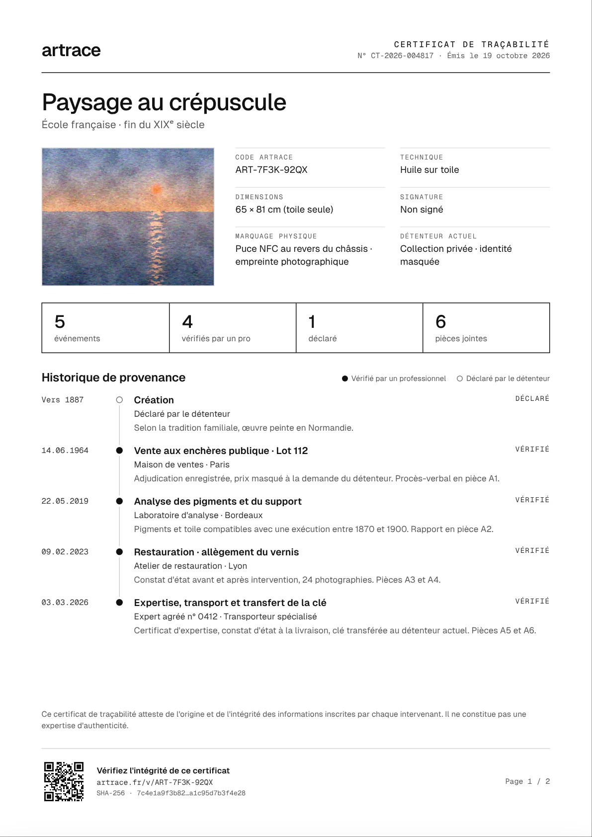 Page 1 du certificat Artrace